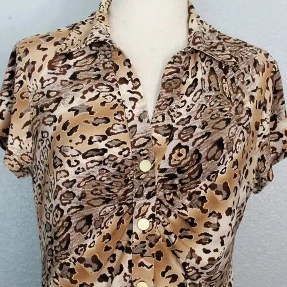 Vintage E.K. Designs Leopard Animal Print Spandex Blend Blouse Size M - Picture 4 of 12